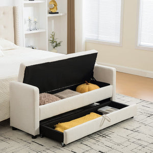 English Elm 58.27" Wide Napped Fabric Upholstered Storage Bench Rolled Armrest Caster Wheels Entryway Beige W3189P445990