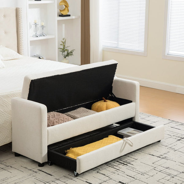 English Elm 58.27" Wide Napped Fabric Upholstered Storage Bench Rolled Armrest Caster Wheels Entryway Beige W3189P445990