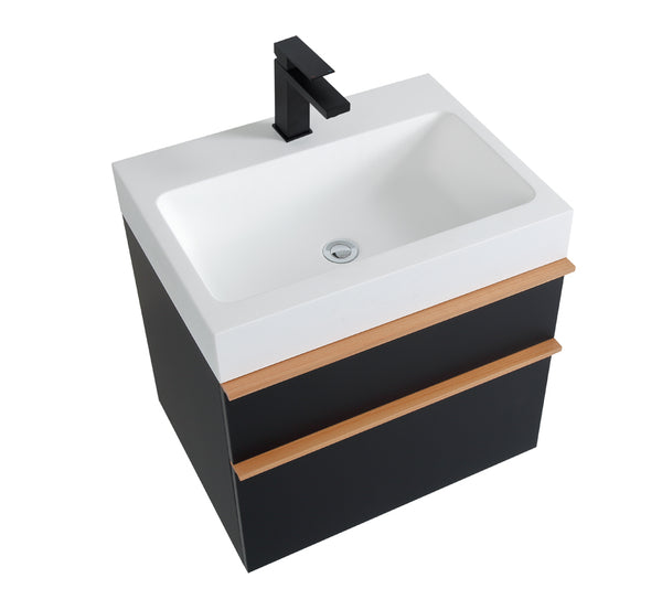 English Elm VELA 24 Inch Wall Mounted Bathroom Vanity with Integrated Acrylic Sink, Dual Wood Handles, Soft-Close drawers and Organizer Black W3235P327615