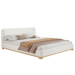 English Elm California King Boucle Upholstered Bed Curved Sculptural Headboard Rubberwood Base N757C399195W