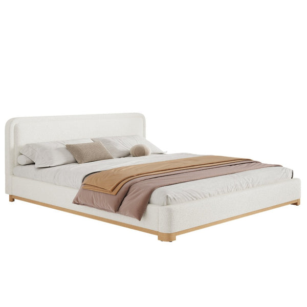 English Elm California King Boucle Upholstered Bed Curved Sculptural Headboard Rubberwood Base N757C399195W