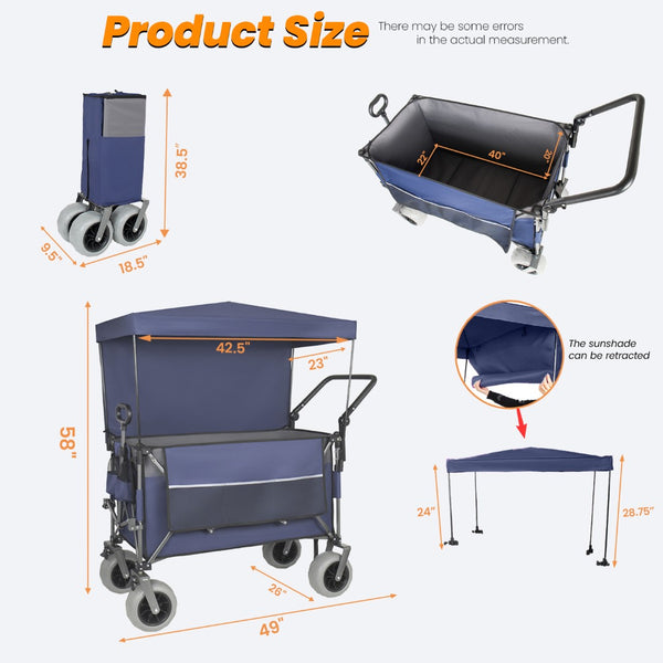 English Elm Multi-functional Folding Wagon with Canopy All Terrain Tires 480lb Steel Frame Outdoor Blue Gray W2932P417649