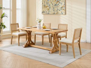 English Elm Farmhouse Rattan Dining Chairs Set of 2 with Linen Upholstery, Cane Back & Solid Wood Frame, Comfortable Beige W1143P332689