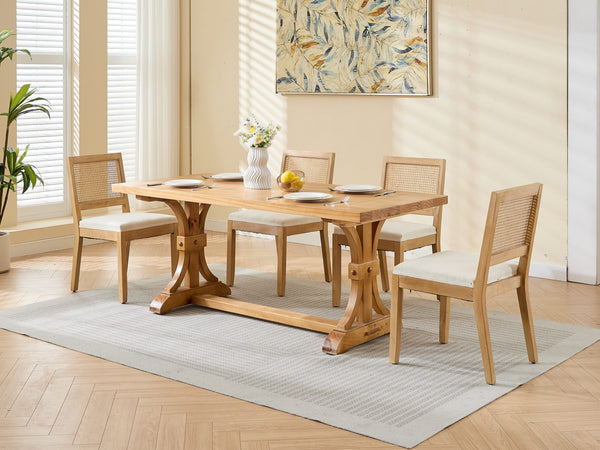 English Elm Farmhouse Rattan Dining Chairs Set of 2 with Linen Upholstery, Cane Back & Solid Wood Frame, Comfortable Beige W1143P332689