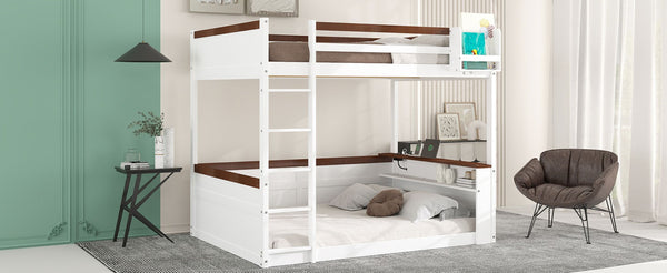 English Elm Queen Size Wooden Bunk Bed With Storage, Led Light, Usb Charging & Shelves For Modern Living Space N7090005006K-GIGA