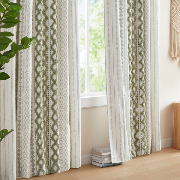 English Elm 1 Pcs Soft Green Cotton Curtain Panel, 50X95", Textured Chenille Stripe, Lined For Light Control B035P319831