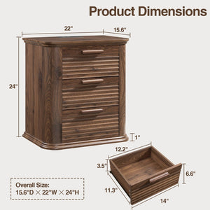 English Elm 22" Fluted Wood Nightstand with Built-in Charging Station Three Drawer Bedside Storage T5326P431148