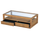 English Elm Modern Wood Coffee Table With 2 Drawers ,Minimalist Display Coffee Table With Transparent Tempered Glass, Open Storage Shelf For Living Room