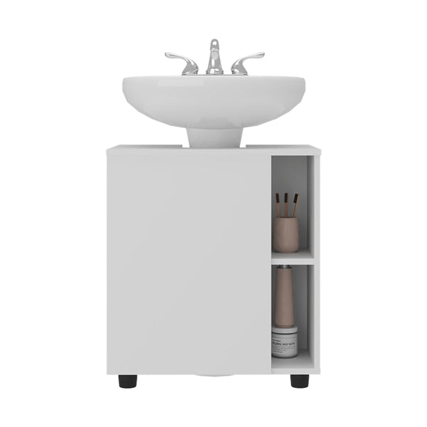 English Elm White Pedestal Sink Cabinet with Hidden Compartment and Five Open Shelves — Space-Saving Modern Bath Storage Organizer, 24.4"W x 21.7"H x 16.3"D B062P380061