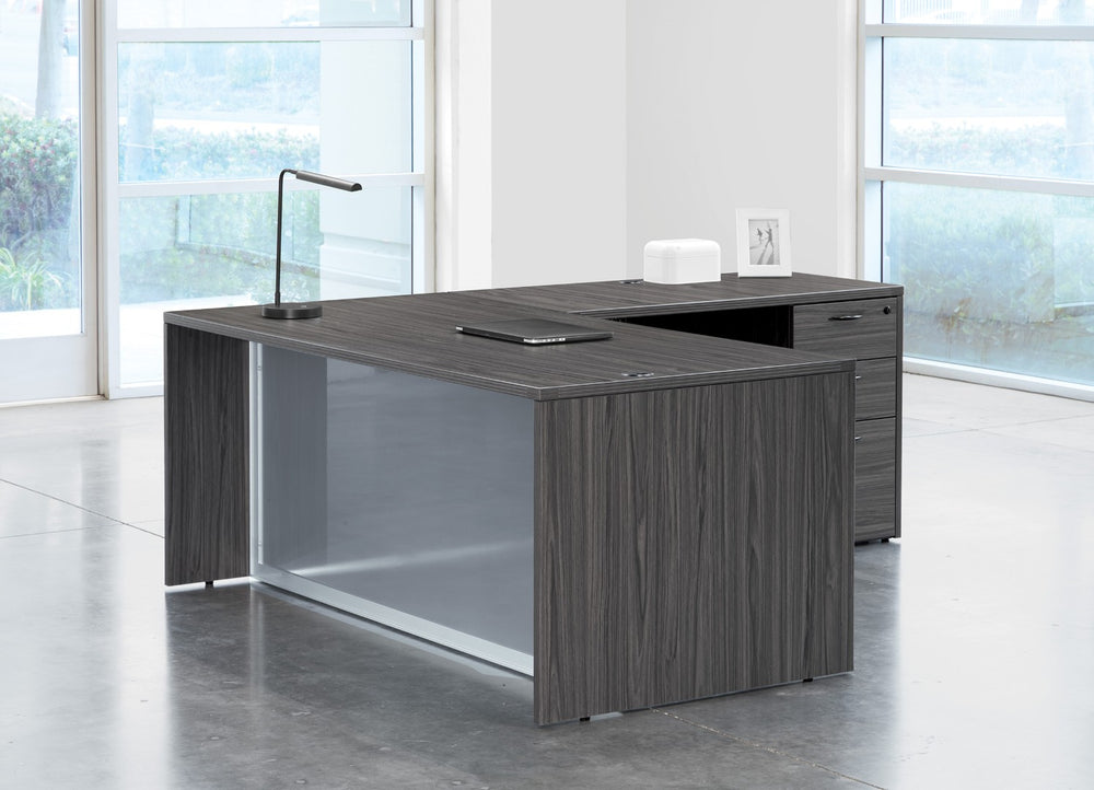 OSP Home Furnishings L-shape Glass Panel Executive Desk with Spacious Corner Layout for Modern Office Use NAPSGW-TYP29G