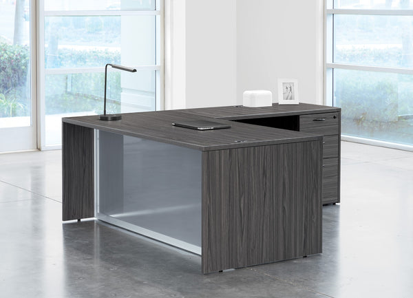 OSP Home Furnishings L-shape Glass Panel Executive Desk with Spacious Corner Layout for Modern Office Use NAPSGW-TYP29G