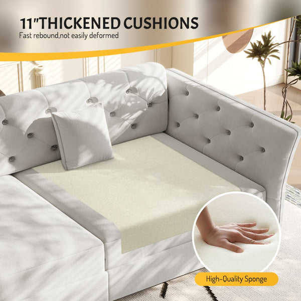 English Elm 74.4" Queen Velvet Sleeper Sofa Artisan Floral Tufted Cushions Converts for Guest Rooms Light Grey W1885S00305