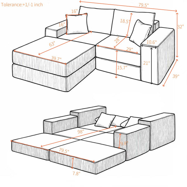 English Elm Modular Cloud Sectional Sofa with Corduroy Upholstery, Deep-Seat Sleeper Loveseat, Removable Ottoman, No-Assembly Comfort and Customizable Configuration Green W1117P357544