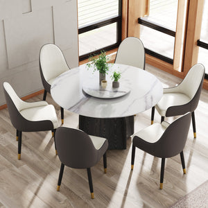 English Elm 53" Round Marble Dining Table With Lazy Susan, Black Oak Base For 6, Modern Elegance For Your Home W1535S00380