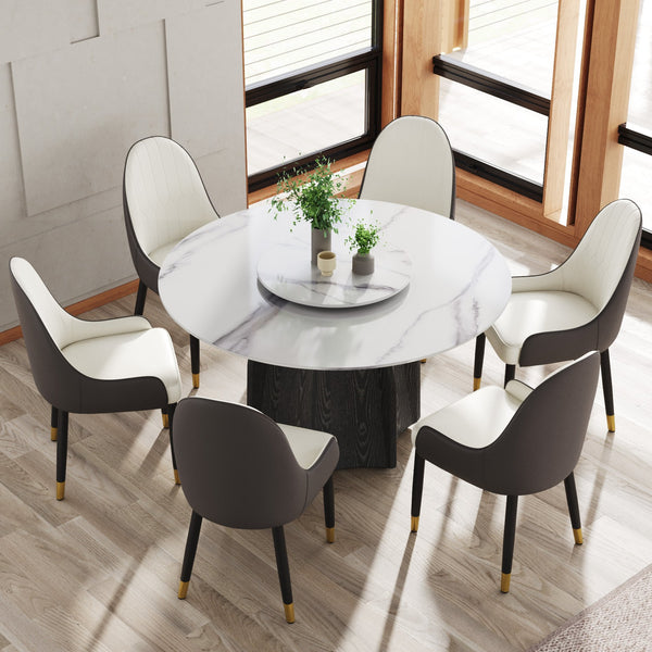 English Elm 53" Round Marble Dining Table With Lazy Susan, Black Oak Base For 6, Modern Elegance For Your Home W1535S00380