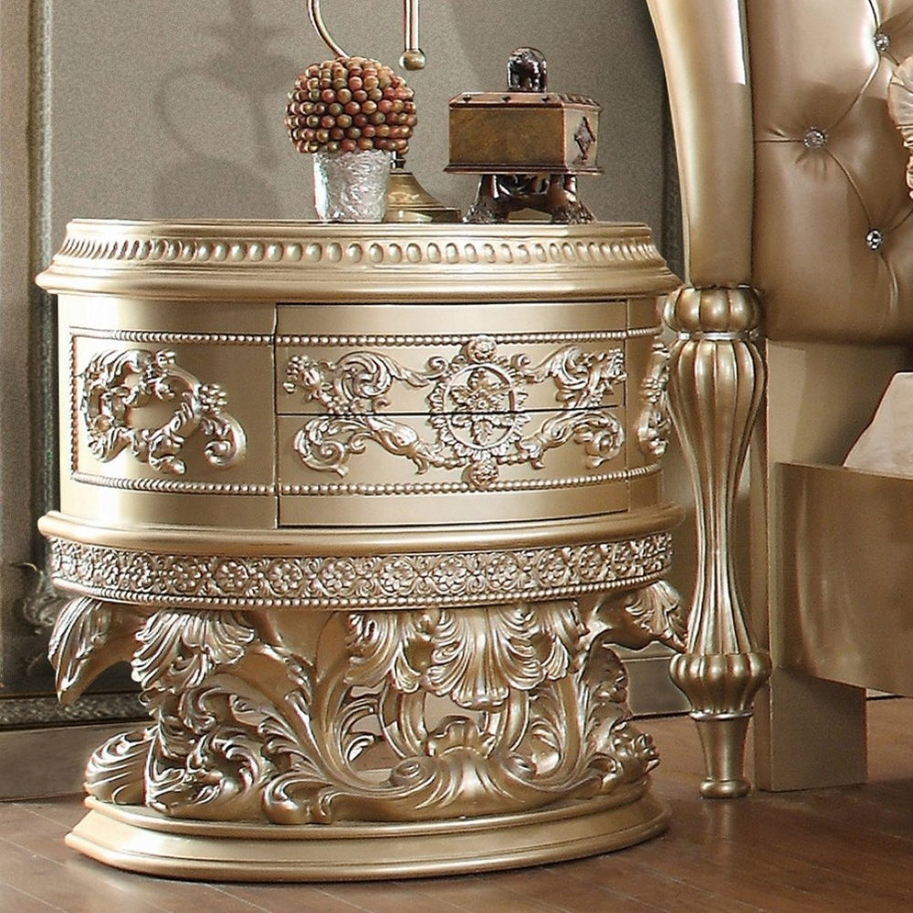 English Elm 2 Drawer Resin Nightstand Ornate Scrollwork Champagne Glam Glided Bedside Storage B016P256532