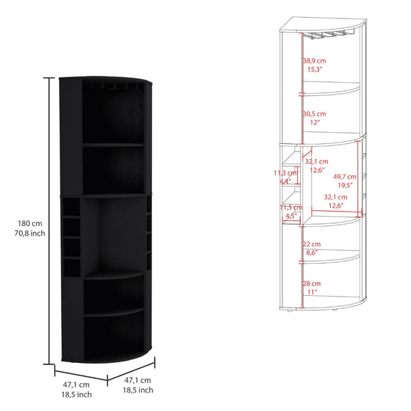 English Elm Oban Matte Black Corner Bar Cabinet with Bottle Cubbies and Open Stemware Shelves B200S00390