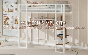 English Elm Iron framed bunk bed with L-shaped study desk and dual-side stairs, space-saving durable design White W1935P330796