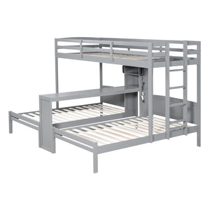 English Elm Twin Triple Bunk Bed with Built in Desk Open Shelving and Led Task Lighting Gray N7090002243E