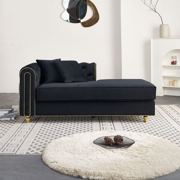 English Elm 66.9''W Velvet Chaise Lounge with Tufted Back and Gold Trim, Luxury Modern Sofa for Living Room Black W579P224635