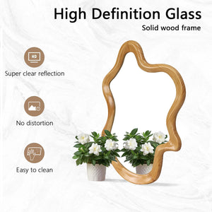 English Elm 33.46" Irregular Wall Mirror with Natural Wood Frame — Organic Flowing Shape, Clear Reflection, Easy Mounting W2295P365037