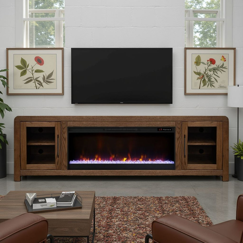 English Elm Haven 82-Inch Fireplace Tv Stand With Glass Doors, Fits Tvs Up To 90", Oak Bourbon Finish, Easy Assembly B108P364421