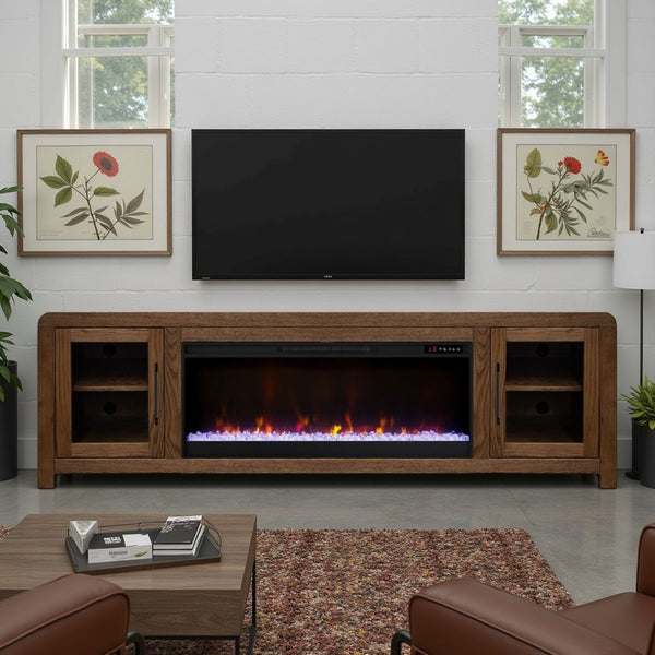 English Elm Haven 82-Inch Fireplace Tv Stand With Glass Doors, Fits Tvs Up To 90", Oak Bourbon Finish, Easy Assembly B108P364421