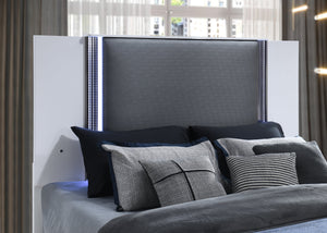 English Elm MOON Smooth White Queen Bed with LED Accent Lighting, Solid Wood & MDF Frame, Modern Marble Design B201S00310