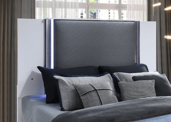 English Elm MOON Smooth White Queen Bed with LED Accent Lighting, Solid Wood & MDF Frame, Modern Marble Design B201S00310