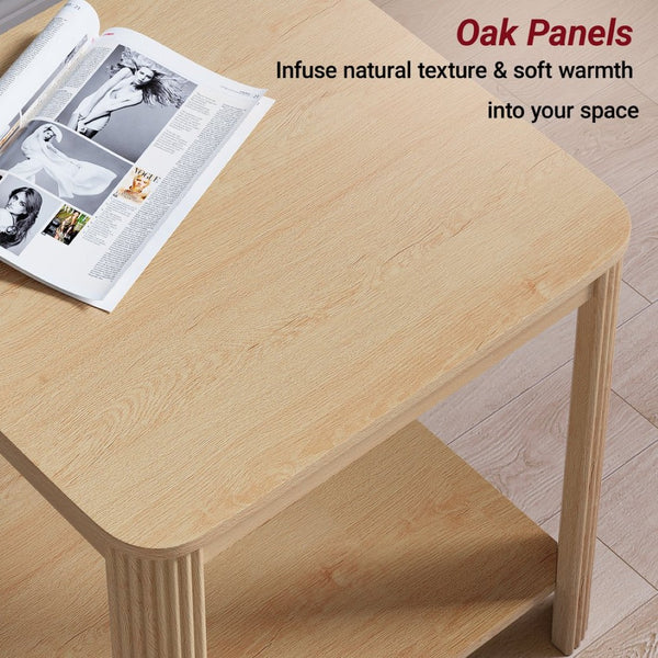 English Elm Rounded Square End Tables Set of 2 Boho Walnut with Wave Legs and Open Shelf W5563P449957