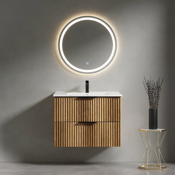 English Elm 30 Inch Floating Bathroom Vanity Fluted Wood Grain Front with Ceramic Integrated Sink W3520S00044