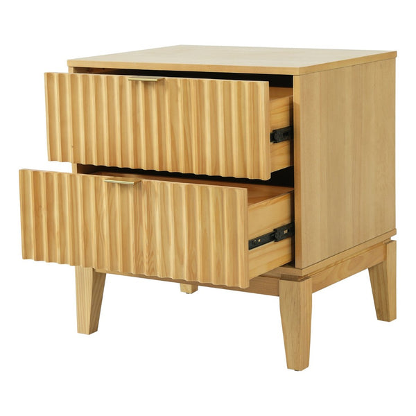 English Elm Natural Rubber Wood Fluted 2 Drawer Nightstand with Gold Pulls for Modern Bedrooms N758P386962N