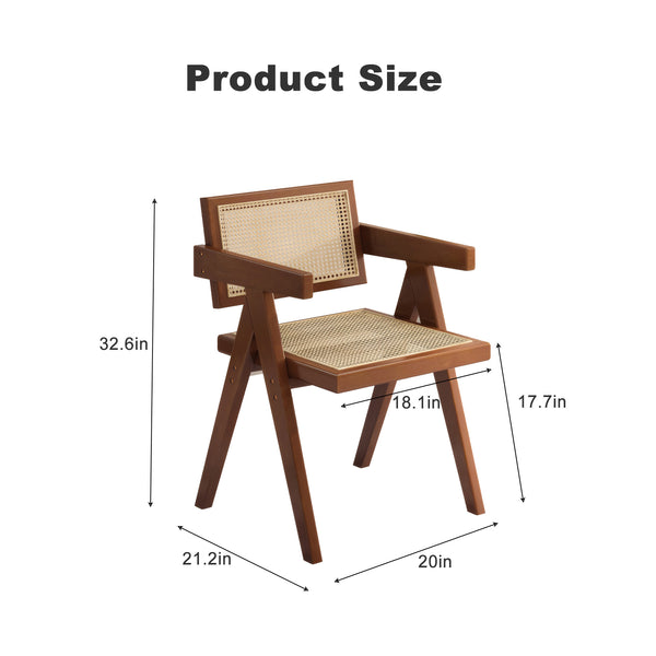 English Elm Modern Mid Century Rattan Dining Chair with Armrests – Walnut Rubber Wood, Comfortable Durable Accent Seat W3101P340551