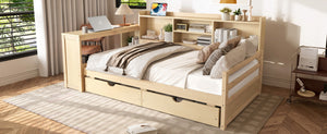 English Elm Twin Corner Daybed Pine Frame Built in Desk Bookcase Drawers Charging Kids Room Natural W697S00042