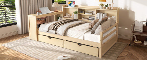 English Elm Twin Corner Daybed Pine Frame Built in Desk Bookcase Drawers Charging Kids Room Natural W697S00042