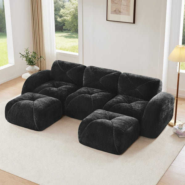 English Elm U-shaped Modular Velvet Sofa Tufted Cloud Seating for Living Room or Home Theater Black W714S01628