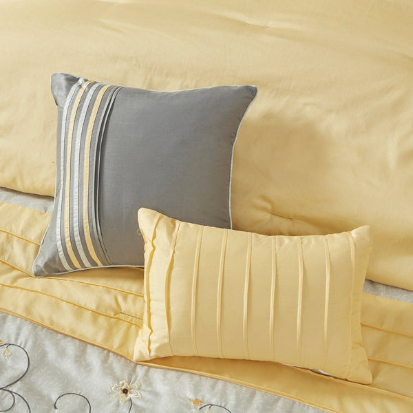 English Elm Embroidered 7-Piece Comforter Set In Elegant Yellow & Gray For Cal King - Luxurious Floral Design! B03596982
