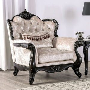 English Elm Traditional Carved Tufted Accent Chair with Rolled Arms, Nailhead Trim and Elegant Upholstery Black,Off White 44 L x 39 W x 28 H B2741P380814