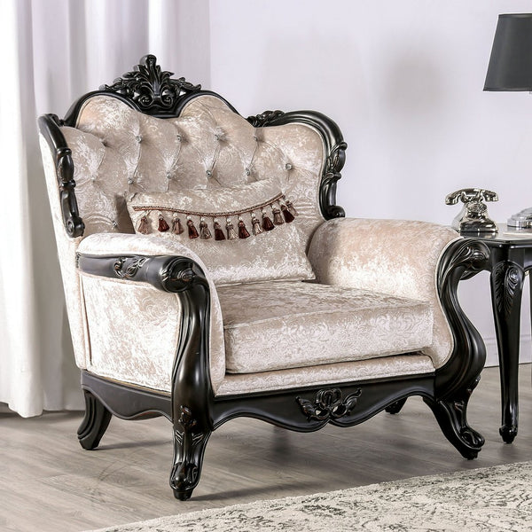 English Elm Traditional Carved Tufted Accent Chair with Rolled Arms, Nailhead Trim and Elegant Upholstery Black,Off White 44 L x 39 W x 28 H B2741P380814