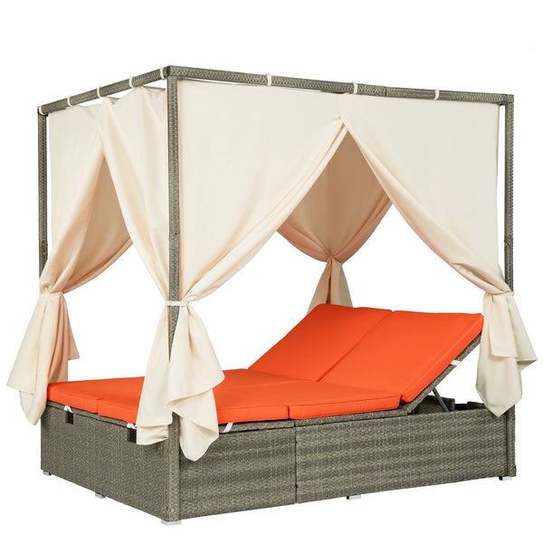 English Elm U_Style Outdoor Adjustable Sun Bed with Canopy & Curtains, Steel Frame, PE Rattan, 400lb Capacity Orange WY000437AAO
