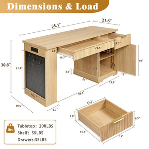 English Elm 55" Fluted White Computer Desk with Power Outlet Pegboard Cabinet and Keyboard Tray W2917P396017