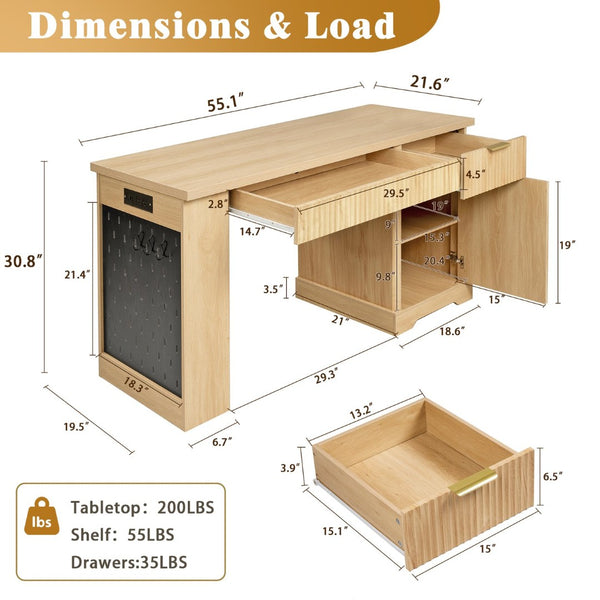 English Elm 55" Fluted White Computer Desk with Power Outlet Pegboard Cabinet and Keyboard Tray W2917P396017
