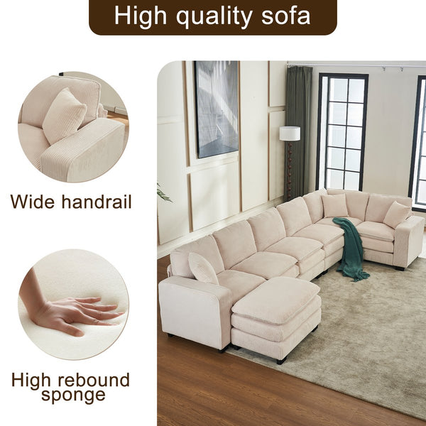 English Elm Modern U Shaped 6-Seat Sectional Sofa with Ottoman and 3 Toss Pillows, Corduroy Modular Comfort and Durable Frame White W2363S00039
