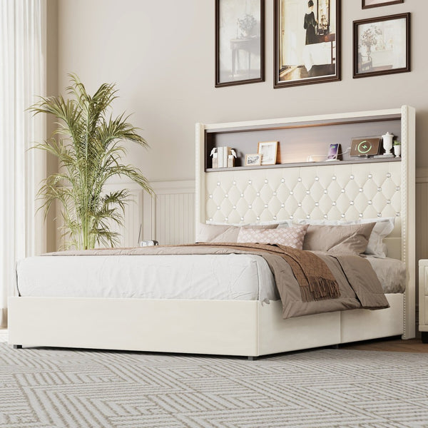 English Elm Full Velvet Wingback Platform Bed Tufted Headboard Shelf Usb Port Rivet Trim N733P368653A