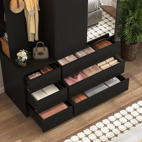 English Elm 8 Drawer Tall Chest Slim Particleboard Build Smooth Gliding Storage for Bedroom Closet Black W409S00007