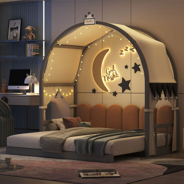 English Elm Twin Pinewood Ground-Level Canopy Bed with Arched Roof and Trundle for Kids—Whimsical, Sturdy Design Gray N820P181648E