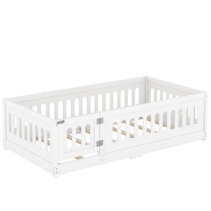 English Elm Twin Size Floor Bed With Safe Guardrails & Playful Door - Solid Wood Bedframe For Kids’ Rooms W1820P240538-GIGA