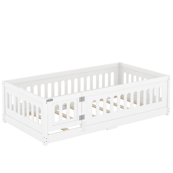 English Elm Twin Size Floor Bed With Safe Guardrails & Playful Door - Solid Wood Bedframe For Kids’ Rooms W1820P240538-GIGA