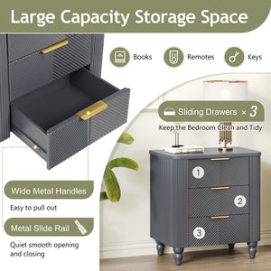 English Elm Mid-century Fluted 3 Drawer Nightstand with Gourd Legs and Gold Tone Handles for Bedroom Dark Gray N761P285712D