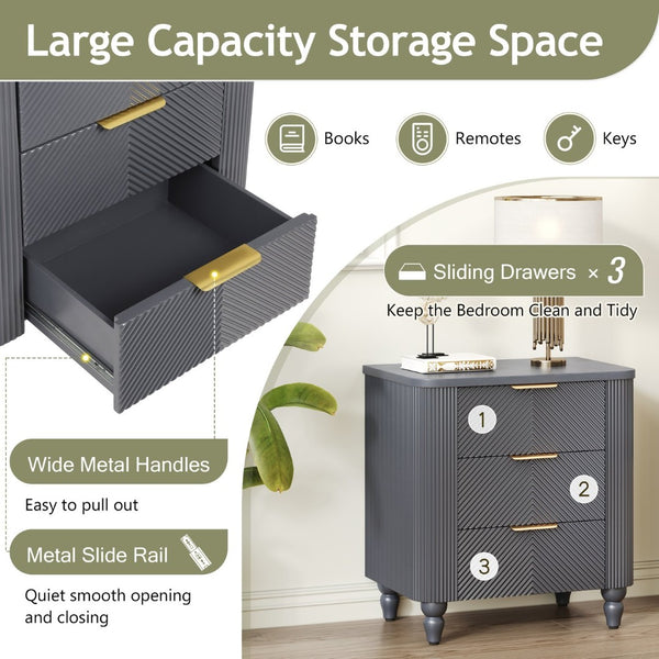 English Elm Mid-century Fluted 3 Drawer Nightstand with Gourd Legs and Gold Tone Handles for Bedroom Dark Gray N761P285712D
